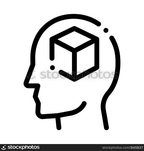 Cube Figure In Man Silhouette Mind Vector Icon Thin Line. Gear And Brain, Heart And Shield, Padlock And Coin Concept Linear Pictogram. Black And White Template Contour Illustration. Cube Figure In Man Silhouette Mind Vector Icon