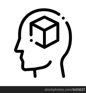 Cube Figure In Man Silhouette Mind Vector Icon Thin Line. Gear And Brain, Heart And Shield, Padlock And Coin Concept Linear Pictogram. Black And White Template Contour Illustration. Cube Figure In Man Silhouette Mind Vector Icon