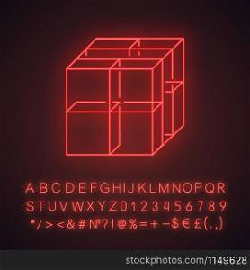 Cube neon light icon. Geometric gridded figure. Graphic abstract shape. Polygonal element. Complex isometric form. Glowing sign with alphabet, numbers and symbols. Vector isolated illustration