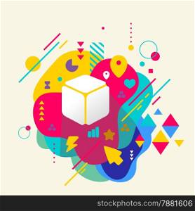 Cube on abstract colorful spotted background with different elements. Flat design.