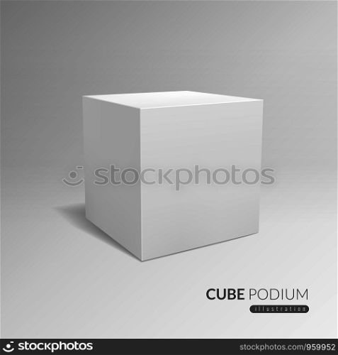 Cube podium. 3d cube pedestal, white blank block for product promo. 3d in perspective with shadow vector advertising standing cubic exhibition template. Cube podium. 3d cube pedestal, white blank block for product promo. 3d in perspective with shadow vector advertising template