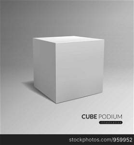 Cube podium. 3d cube pedestal, white blank block for product promo. 3d in perspective with shadow vector advertising standing cubic exhibition template. Cube podium. 3d cube pedestal, white blank block for product promo. 3d in perspective with shadow vector advertising template