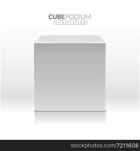 Cube podium. Realistic empty block, white box in front view. Advertising stand for product promo, exhibition pedestal 3d vector standing isolated square showing stage mockup. Cube podium. Realistic empty block, white box in front view. Advertising stand for product promo, exhibition pedestal 3d vector mockup