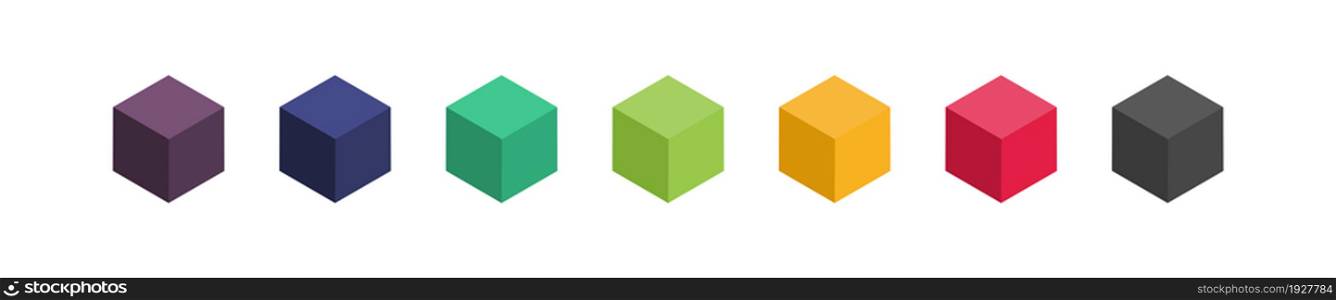 Cube set isolated colored vector icon. 3D box in different styles. Black block symbol for web and app design