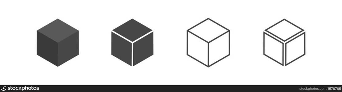 Cube set isolated vector icon. 3D box in different styles. Black block symbol for web and app design