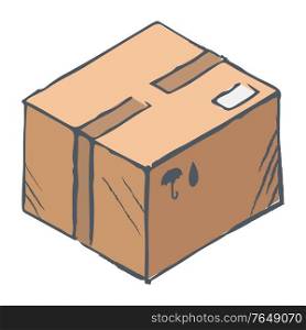 Cube shaped box, postal parcel. Delivery of online order. Sketch of carton package with purchase inside. Outline picture, brown object isolated on white background. Vector illustration in flat style. Hand Drawn Box with Purchase, Delivering Parcel