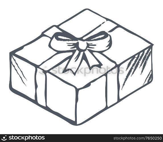Cube shaped box tied by ribbon and bow. Knot with tape on present package. Freehand sketch of contours of carton object. Outline picture, transparent element. Vector illustration in minimalism. Hand Drawn Contour of Box Tied by Ribbon and Bow