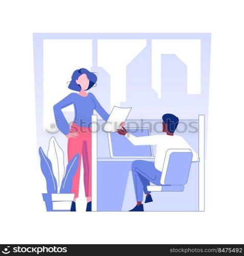 Cubicle office isolated concept vector illustration. Smiling colleagues in cubicle office, corporate business, employees lifestyle, comfortable workplace for workers vector concept.. Cubicle office isolated concept vector illustration.
