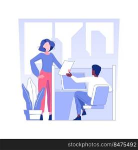 Cubicle office isolated concept vector illustration. Smiling colleagues in cubicle office, corporate business, employees lifestyle, comfortable workplace for workers vector concept.. Cubicle office isolated concept vector illustration.