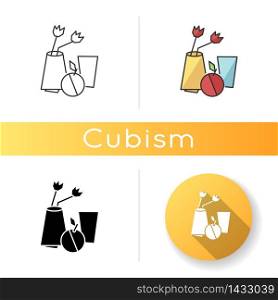 Cubism icon. Vase and fruit abstract composition. 20th century cultural movement. Still life minimal painting. Linear black and RGB color styles. Isolated vector illustrations. Cubism icon