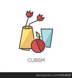 Cubism RGB color icon. Vase and fruit abstract composition. 20th century cultural movement. Still life minimal painting. Isolated vector illustration. Cubism RGB color icon