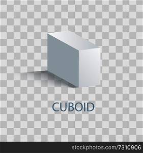 Cuboid white geometric figure that casts shade. Three-dimensional shape of white color. Parallelepiped cuboid with even opposite sides vector illustration on transparent background. Cuboid White Geometric Figure that Casts Shade