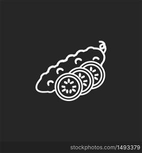 Cucumber chalk white icon on black background. Fresh vegetable with sliced pieces. Whole veggie with vitamin. Fitness dieting. Foodstuff from grocery store. Isolated vector chalkboard illustration. Cucumber chalk white icon on black background