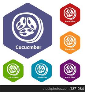 Cucumber icons vector colorful hexahedron set collection isolated on white. Cucumber icons vector hexahedron