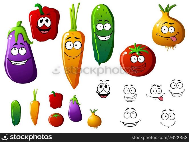 Cucumber, pepper, eggplant, onion, carrot and tomato vegetables with funny emotions. Cartoon illustration