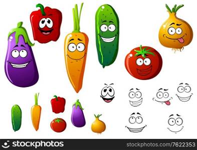 Cucumber, pepper, eggplant, onion, carrot and tomato vegetables with funny emotions. Cartoon illustration