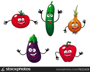 Cucumber, pepper, onion, eggplant and tomato vegetables in cartoon style
