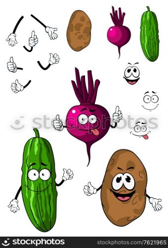 Cucumber, potato and beet vegetables in cartoon style with smiling faces