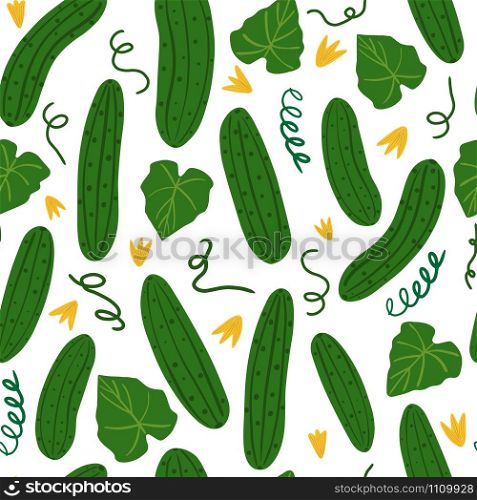 Cucumber seamless pattern on white background. Vegetable wallpaper. Design for fabric, textile print, wrapping paper, textile, restaurant menu. Vector illustration. Cucumber seamless pattern on white background. Vegetable wallpaper.
