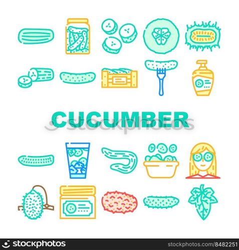 cucumber slice vegetable green icons set vector. white fresh salad, cut plant, food chopped, pickle piece, healthy harvest top cucumber slice vegetable green color line illustrations. cucumber slice vegetable green icons set vector