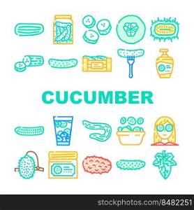 cucumber slice vegetable green icons set vector. white fresh salad, cut plant, food chopped, pickle piece, healthy harvest top cucumber slice vegetable green color line illustrations. cucumber slice vegetable green icons set vector