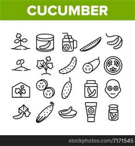 Cucumber Vegetable Collection Icons Set Vector. Cucumber Sliced Pieces And Healthy Drink, Fresh And Pickles, Cosmetic Cream And Plant Leaf Concept Linear Pictograms. Monochrome Contour Illustrations. Cucumber Vegetable Collection Icons Set Vector