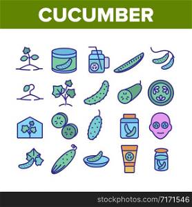 Cucumber Vegetable Collection Icons Set Vector. Cucumber Sliced Pieces And Healthy Drink, Fresh And Pickles, Cosmetic Cream And Plant Leaf Concept Linear Pictograms. Monochrome Color Illustrations. Cucumber Vegetable Collection Icons Set Vector