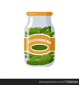 Cucumbers. Canned. Tinned goods product stuff, preserved food, supplied in a sealed can. Isolated. Vector flat illustration