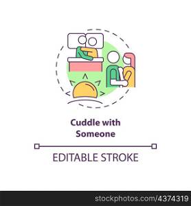 Cuddle with someone concept icon. Start day with love. Positive morning abstract idea thin line illustration. Isolated outline drawing. Editable stroke. Roboto-Medium, Myriad Pro-Bold fonts used. Cuddle with someone concept icon