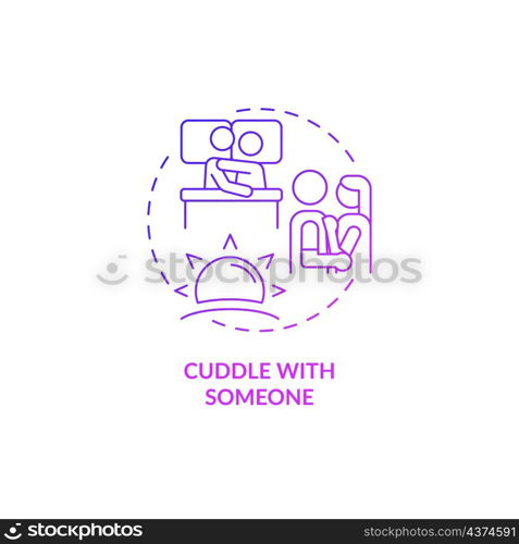 Cuddle with someone purple gradient concept icon. Start day with love. Positive morning abstract idea thin line illustration. Isolated outline drawing. Roboto-Medium, Myriad Pro-Bold fonts used. Cuddle with someone purple gradient concept icon