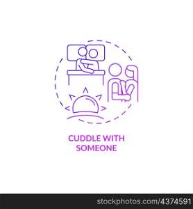 Cuddle with someone purple gradient concept icon. Start day with love. Positive morning abstract idea thin line illustration. Isolated outline drawing. Roboto-Medium, Myriad Pro-Bold fonts used. Cuddle with someone purple gradient concept icon