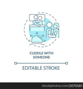 Cuddle with someone turquoise concept icon. Love and care. Morning routine abstract idea thin line illustration. Isolated outline drawing. Editable stroke. Roboto-Medium, Myriad Pro-Bold fonts used. Cuddle with someone turquoise concept icon