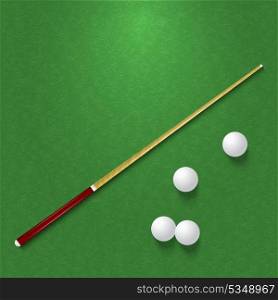 Cue and balls on the pool table