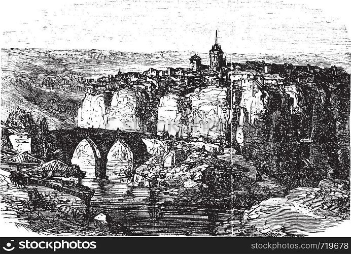 Cuenca in Spain, during the 1890s, vintage engraving. Old engraved illustration of Cuenca.