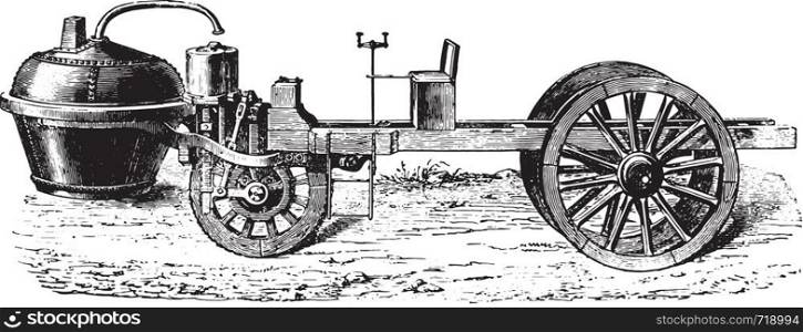 Cugnot steam car, vintage engraved illustration. Industrial encyclopedia E.-O. Lami - 1875.
