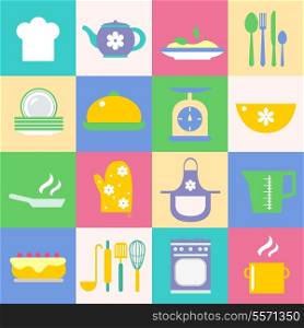 Cuisine and kitchen chef hat tea pot meal dish icons set vector illustration