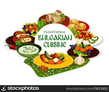 Cuisine of Bulgaria vector design of Bulgarian meat and vegetable food. Tomato pepper chutney lutenitsa with bryndza, yogurt soup tarator, stuffed cheese peppers, buns and cabbage beef rolls. Cuisine of Bulgaria with meat and vegetable food