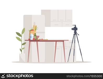 Culinary blog semi flat RGB color vector illustration. Camera and food products on table isolated cartoon objects on white background. Healthy eating vlog, educational cooking video recording. Culinary blog semi flat RGB color vector illustration