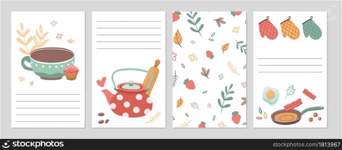 Culinary cards. Kitchen recipe notebook pages, notes paper template. Tools cutlery and food, tea. Cafe restaurant or home grocery store check lists vector illustration. Recipe cooking and culinary. Culinary cards. Kitchen recipe notebook pages, notes paper template. Tools cutlery and food, tea time poster. Cafe restaurant or home grocery store check lists vector illustration