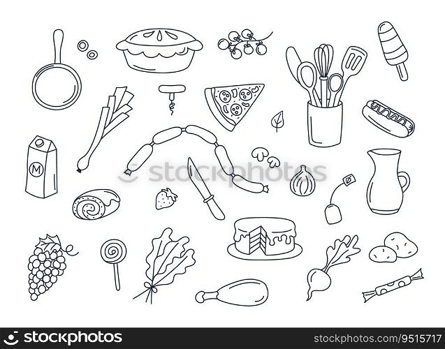 Culinary doodles vector set of isolated cooking elements. Doodle illustrations collection of utensils, kitchenware, food, ingredients, kitchen objects. Fruits, vegetables, bakery on white background.. Culinary doodles vector set of isolated cooking elements. Doodle illustrations collection of utensils, kitchenware, food, ingredients, kitchen objects. Fruits, vegetables, bakery on white background