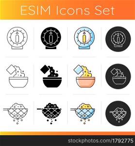 Culinary icons set. Kitchen timer. Add ingredient to bowl. Sift product through mesh. Cooking steps. Homemade meal preparation. Linear, black and RGB color styles. Isolated vector illustrations. Culinary icons set