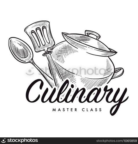 Culinary master class learning how to cook monochrome sketch outline vector isolated logotype of lessons logo spoon and spatula with sauce pan bowl for food preparation cutlery and container.. Culinary master class learning how to cook monochrome sketch outline