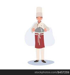 Culinary Professional concept. Chef Serving Delicious Gourmet Food. Flat vector cartoon illustration