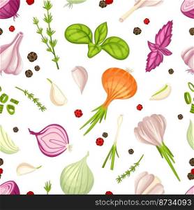 Culinary raw herbs, onion and garlic. Cartoon fresh cooking ingredients, kitchen seamless pattern with vector food elements onion and garlic raw illustration, background of culinary. Culinary raw herbs, onion and garlic. Cartoon fresh cooking ingredients, kitchen seamless pattern with vector food elements