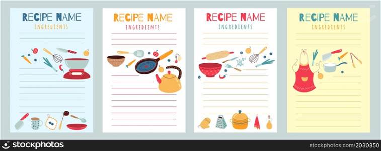 Culinary recipe cards. Cookbook pages with kitchen elements and layout for writing. Blank templates for listing of ingredients and cooking instructions. Vector food preparation manual empty sheets set. Culinary recipe cards. Cookbook pages with kitchen elements and layout for writing. Blank templates for listing of ingredients and instructions. Vector food preparation manual sheets set