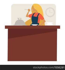 Culinary recipe woman at cooking classes trying dish vector isolated female character and table, with plate and tray with cover girl in apron with spoon kitchen courses restaurant and cafe cook student. Woman at cooking classes trying dish culinary recipe