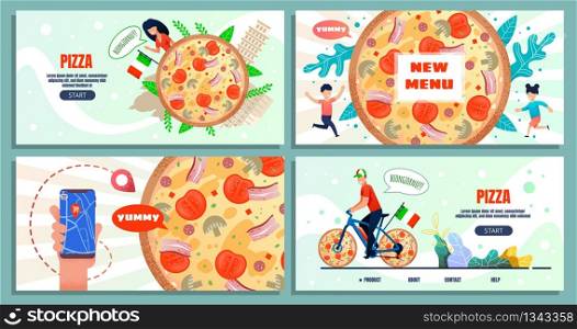 Culinary Travel to Italy Advertising Landing Page. Online Pizza Order via Mobile Application, Children Menu. Man Riding Metaphor Bike. Woman Welcoming to Trip. Vector Flat Cartoon Illustration. Culinary Travel to Italy Advertising Landing Page