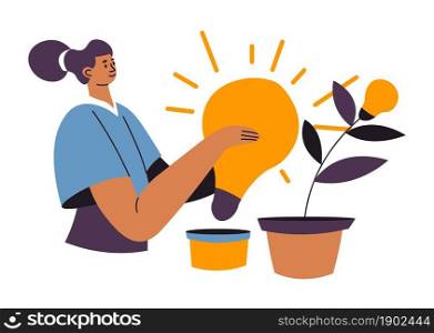 Cultivating and growing ideas in business and projects. Female character holding light bulb taking it from pot. Generating new inventions and thinking on future development. Vector in flat style. Creative business idea, woman with light bulb