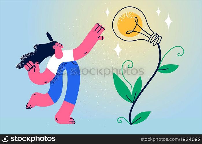 Cultivating Business Innovative ideas concept. Young smiling business woman cartoon character standing reaching for blooming plant with light bulb on top vector illustration . Cultivating Business Innovative ideas concept