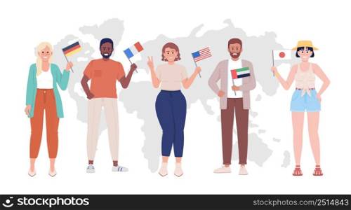 Cultural and linguistic diversity 2D vector isolated illustration. People with country flags flat characters on cartoon background. Community colourful scene for mobile, website, presentation. Cultural and linguistic diversity 2D vector isolated illustration